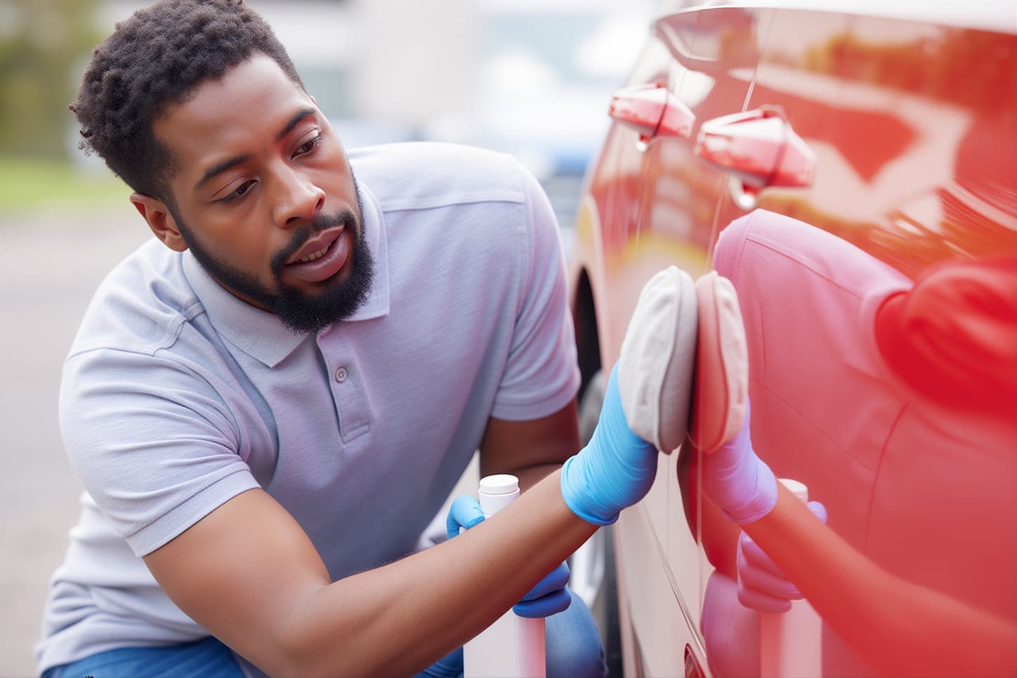 Man polishing a red car with a cloth, wearing gloves and a polo shirt, focused on detailing the car's surface.